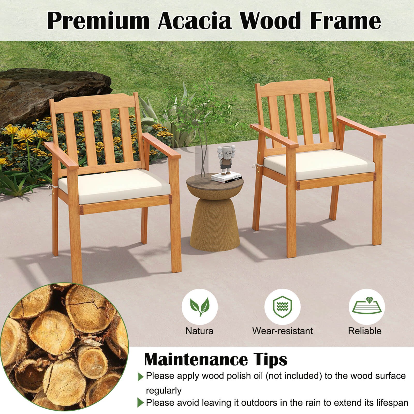 7PCS Patio Dining Table Set, 63” Table & 6 Acacia Wood Armchairs w/Umbrella Hole