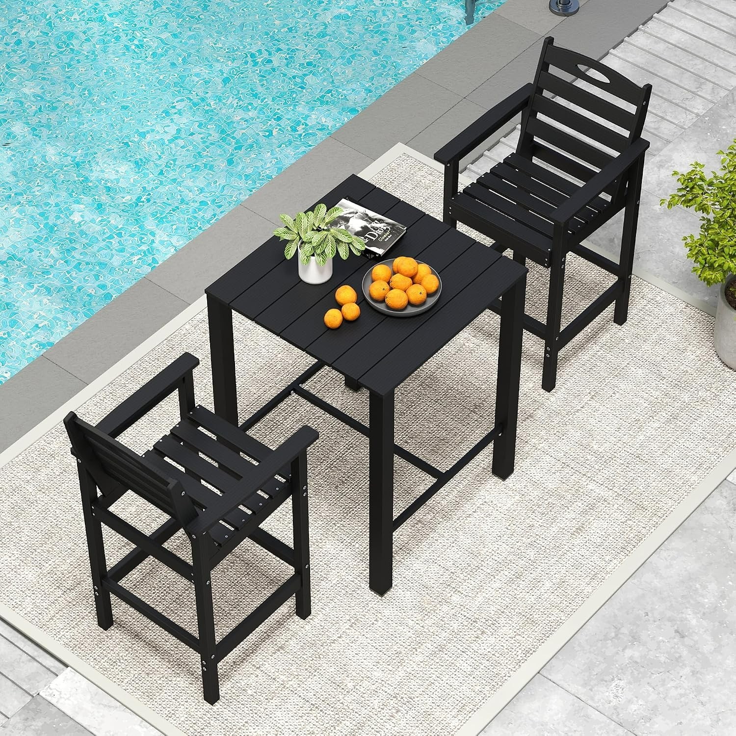 Domi 3Pcs HDPE Adirondack Patio Bar Set(1Table+2Chair)for Balcony,Backyard,Black