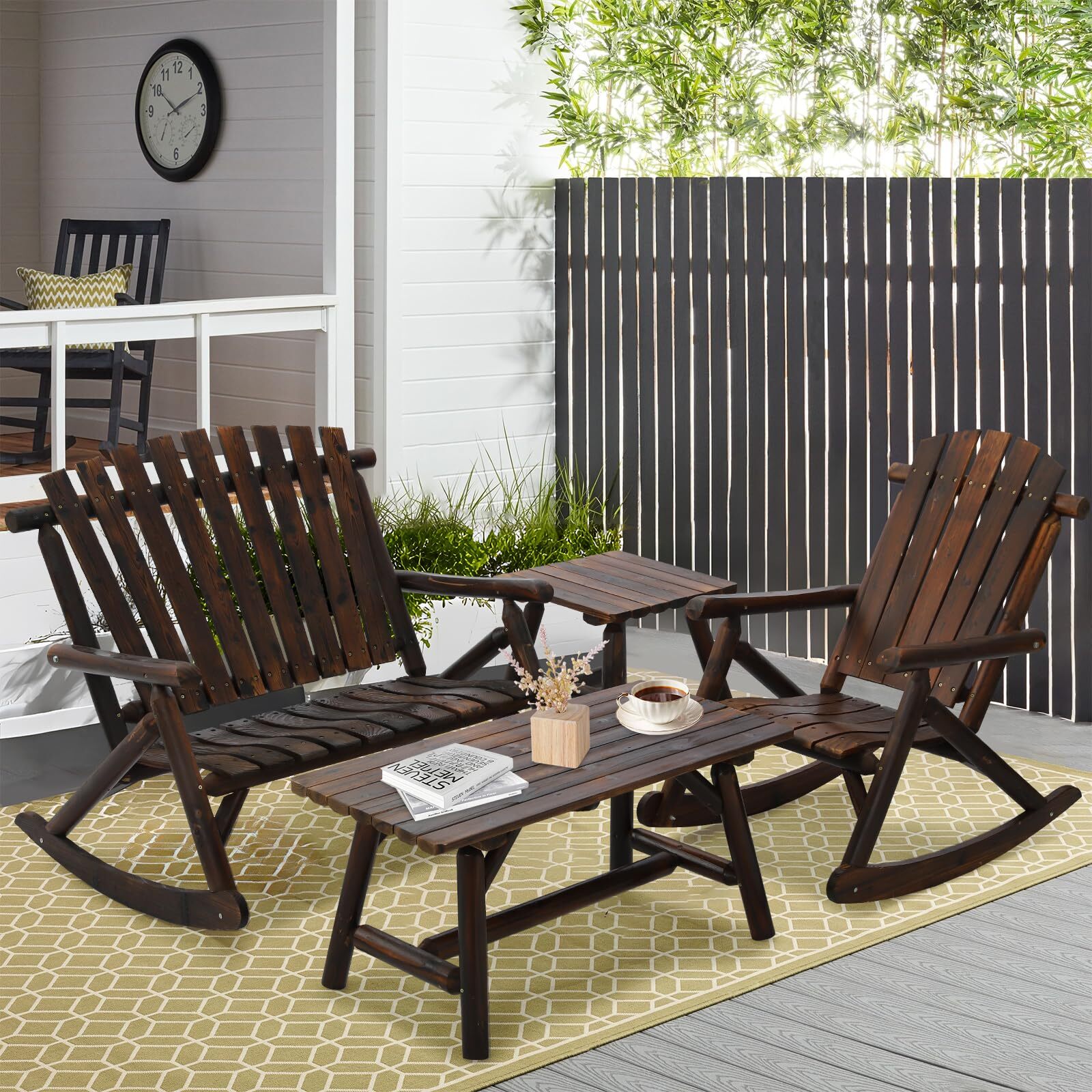4-Piece Wood Rocking Bistro Set, Patio Wooden Furniture Set w/ 2 Coffee Tables