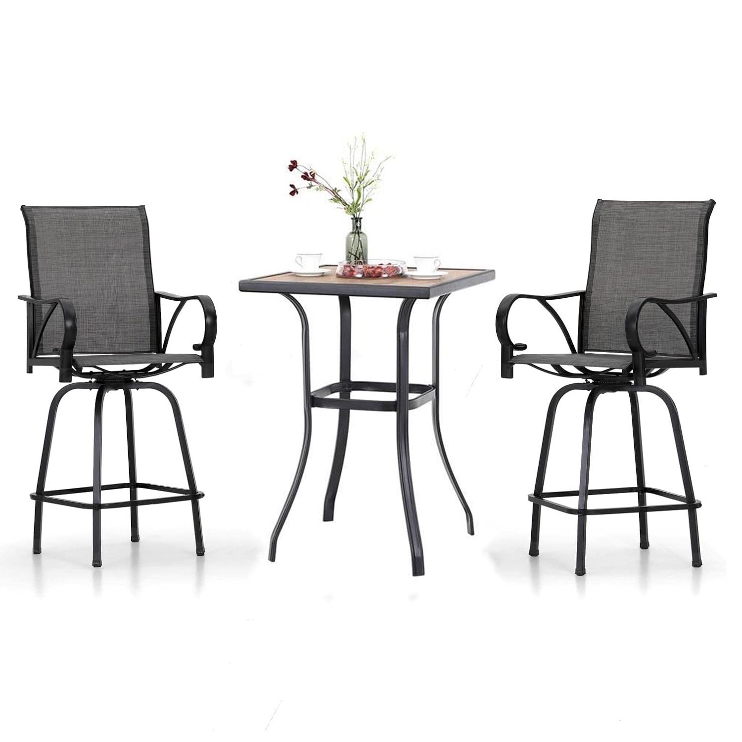 3 PCS Patio Bar Table Chair Set Swivel Bar Height Chair Bar Stools Outdoor Table