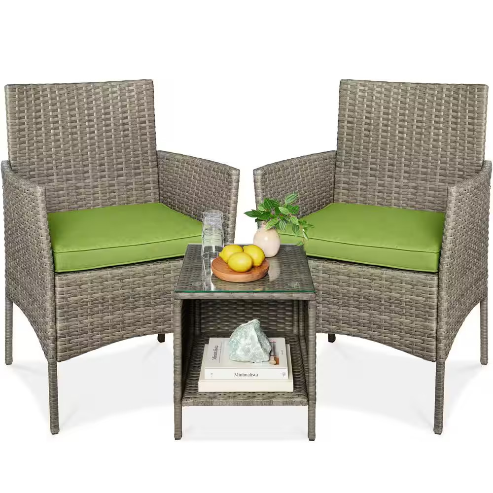 3-Piece Outdoor Wicker Conversation Patio Outdoor Bistro Set, with 2 Chairs, Tab