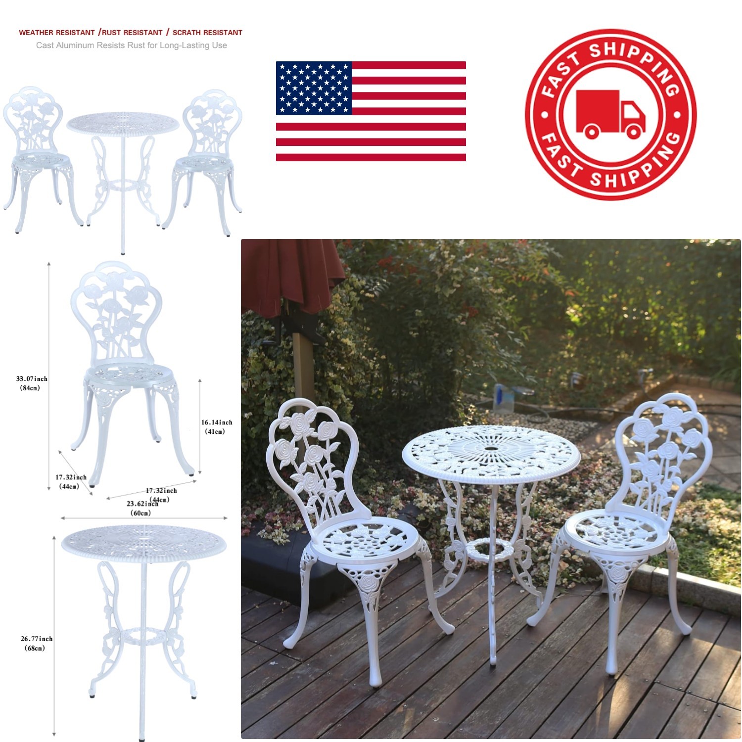 Outdoor Bistro Set 3 Piece Table Set with Two Chairs White Cast Aluminum Antique