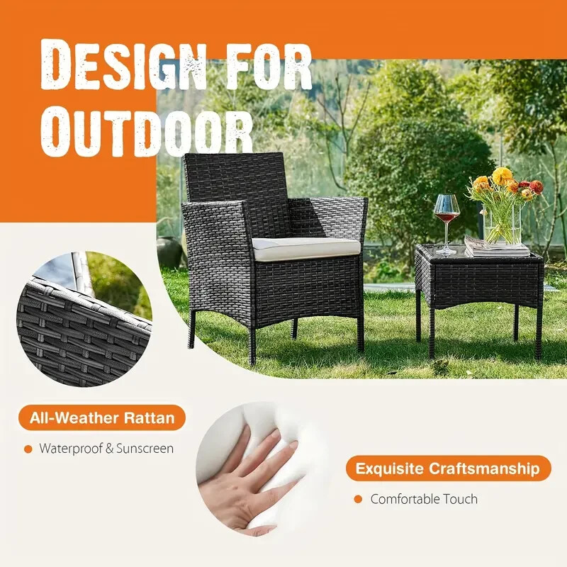 Outdoor Wicker Rattan Patio Chair Furniture pair & Small Side Coffee Table Glass