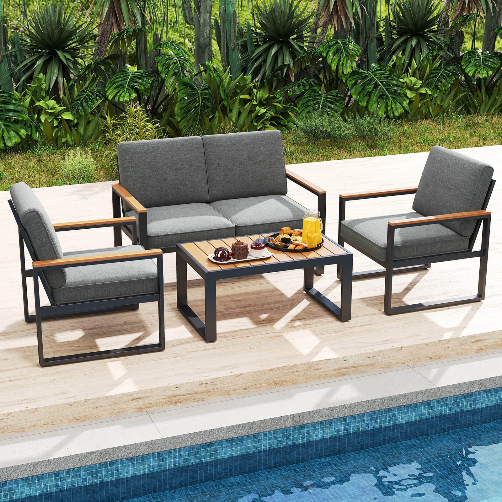 4 PCS Patio Aluminum Furniture Set Wood-Plastic Armrests & Tabletop for Balcony