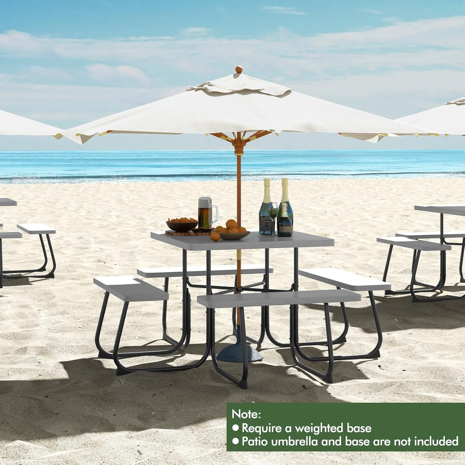 4-8 Person Square Picnic Table Bench Set with Umbrella Hole, Outdoor Camping Ta