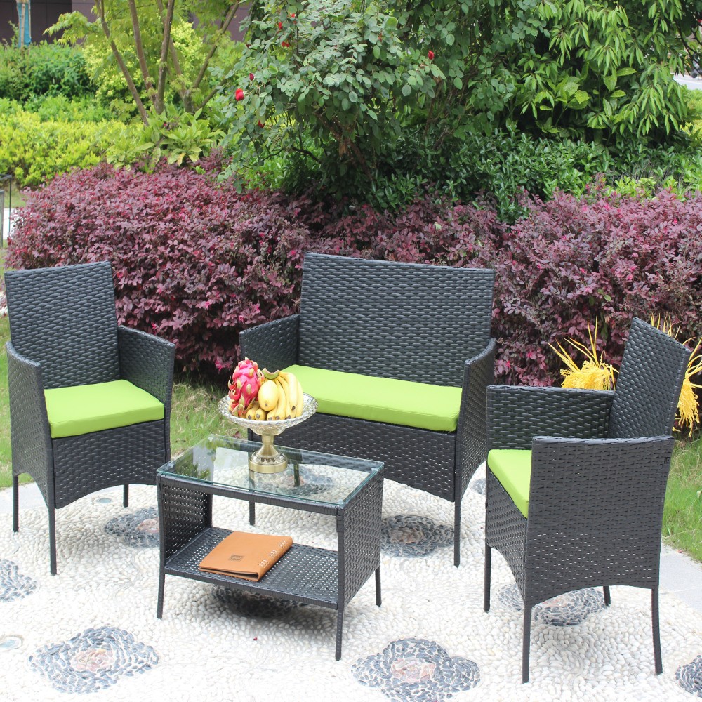 4-Piece Rattan Patio Set with Cushions, Green Wicker Sofa Chair & Table