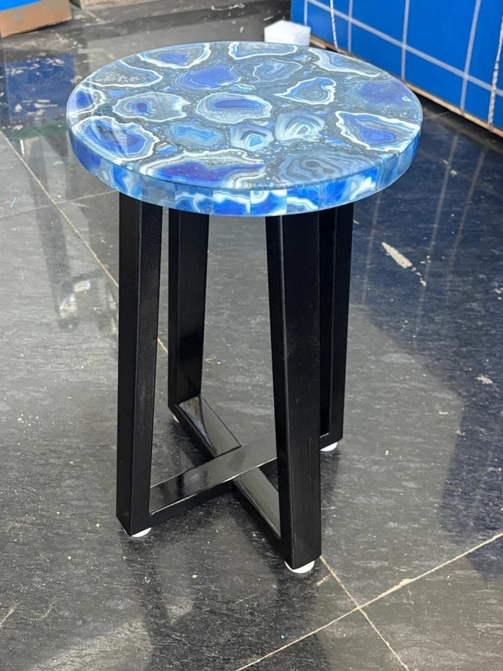 Round Handmade Patterned Blue Agate Corner Table, Luxury Accent Decor