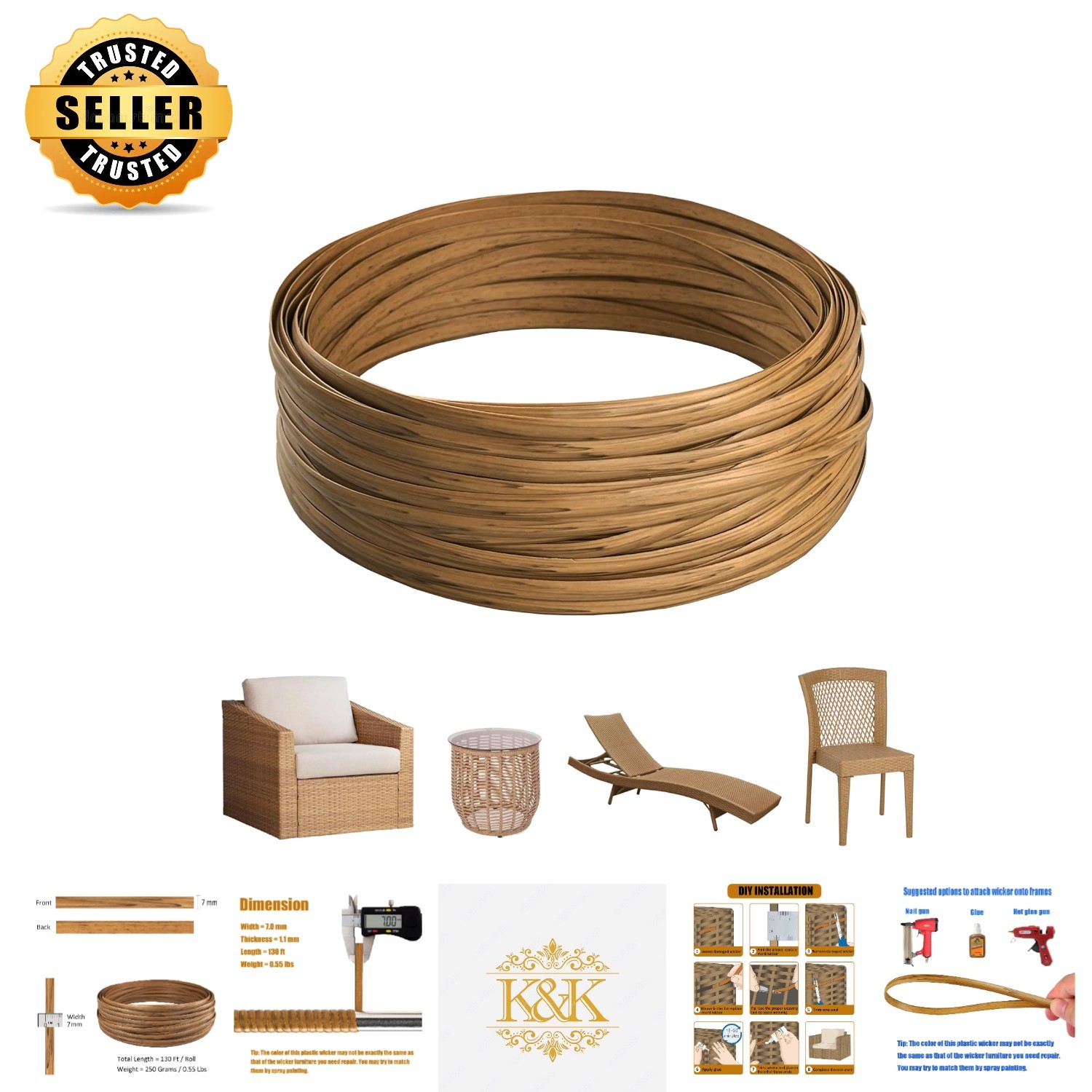 Versatile Wicker Repair Supplies – 130 Ft Synthetic Rattan for Flat Furniture