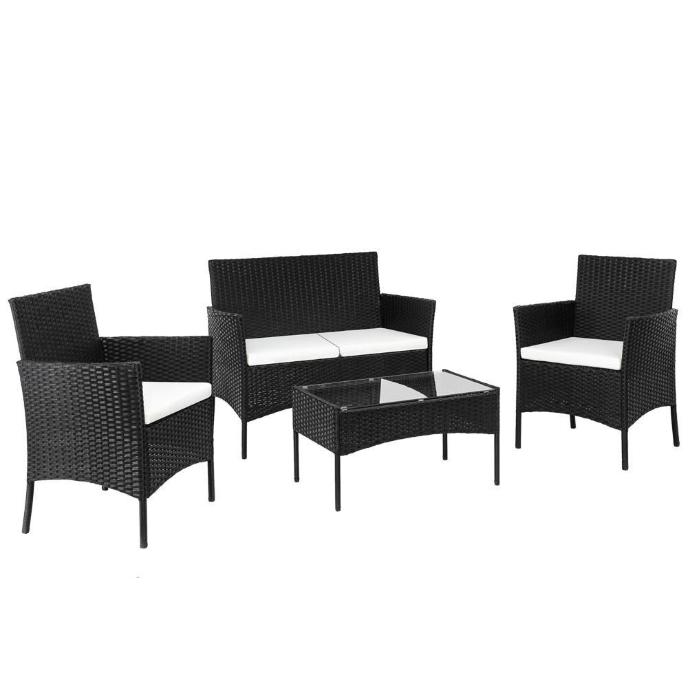4PCS Outdoor Patio Rattan Black Wicker Table Sofa Furniture Set +/w Cushions