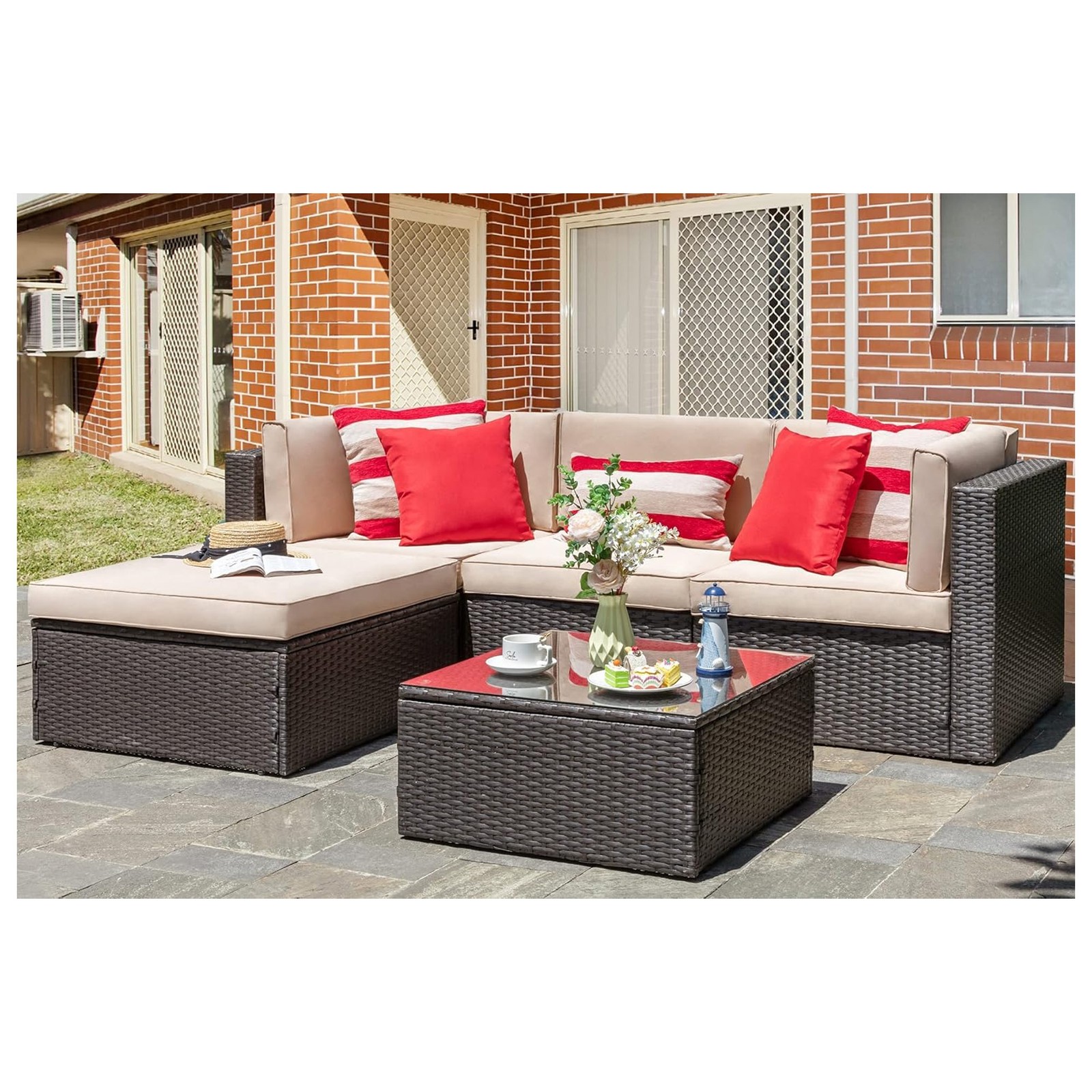 Vongrasig 5pc Patio Set, Outdoor Sofa w/Ottoman & Table, Beige (Open Box)