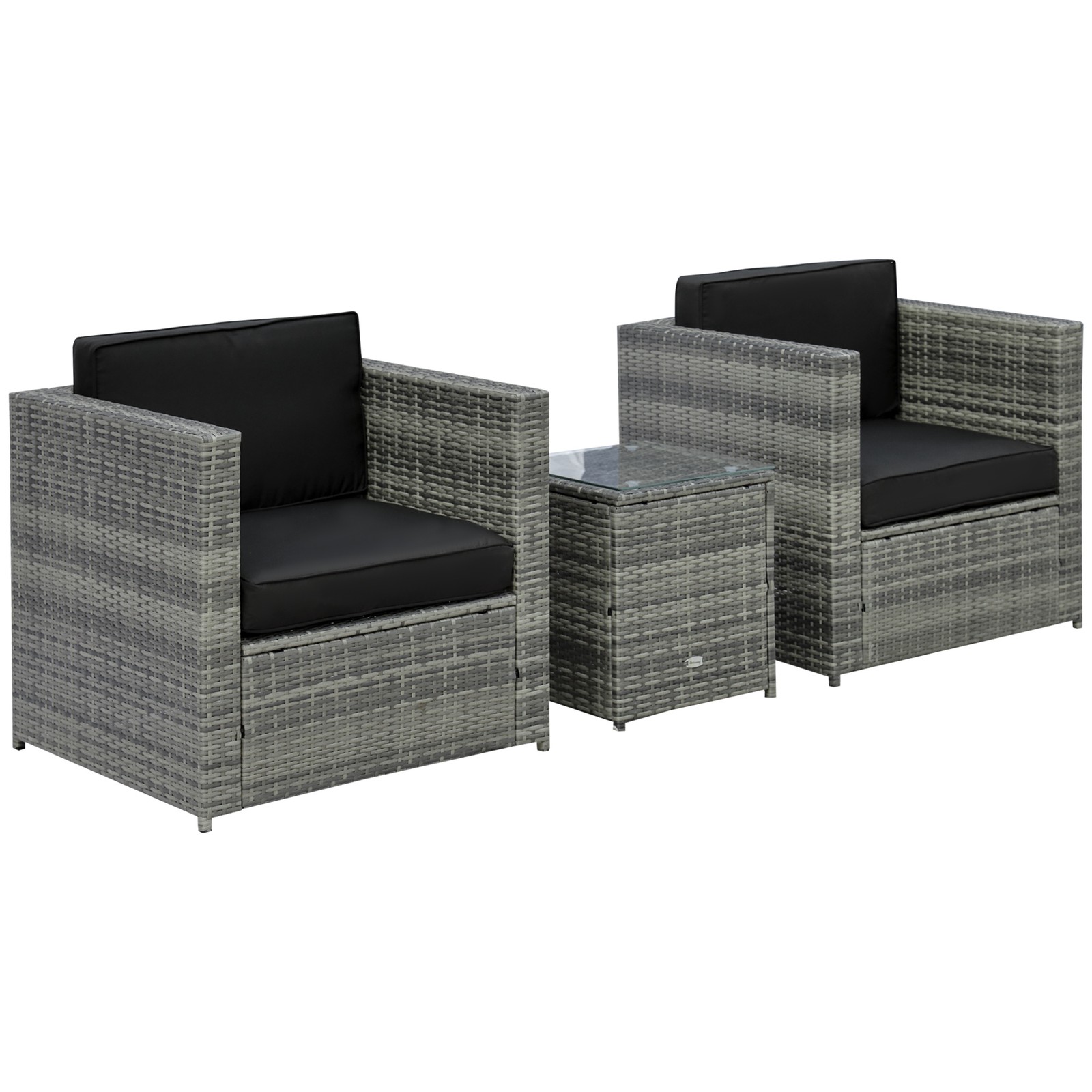 3pc Patio Bistro Set Rattan Wicker Furniture, 2 Armchairs, Table, Black