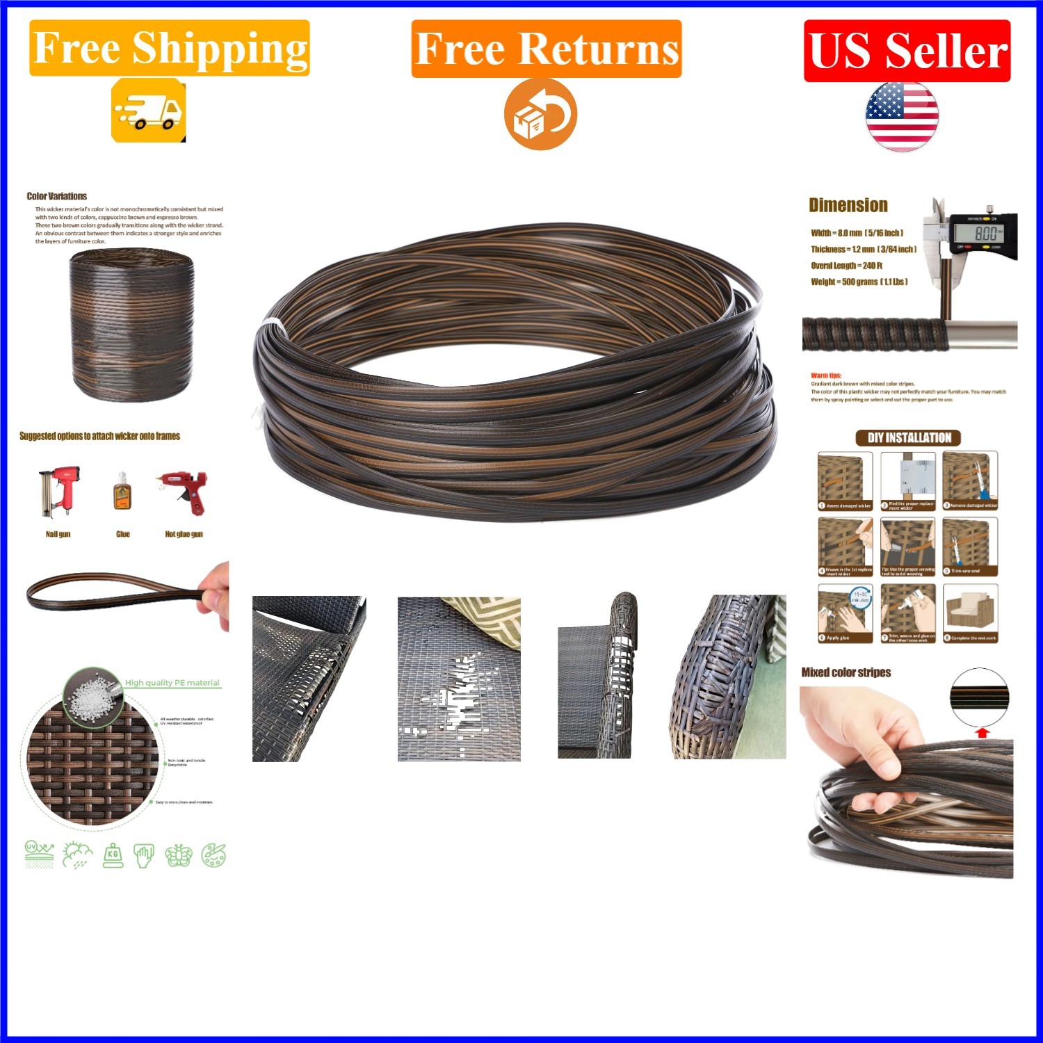 240 Ft Gradient Dark Brown Plastic Wicker Repair Kit for Outdoor Furniture