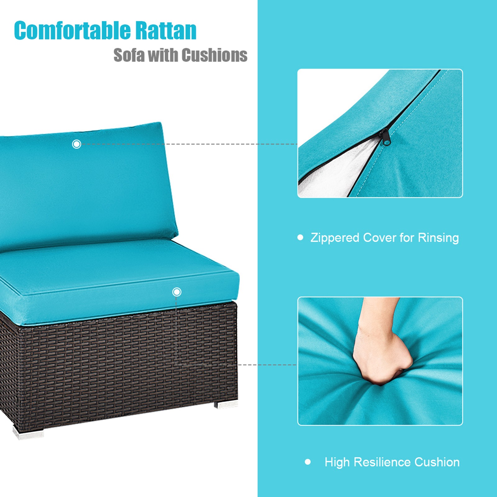 2PCS Patio Wicker Rattan Sectional Armless Chair Sofa w/ Turquoise Cushion