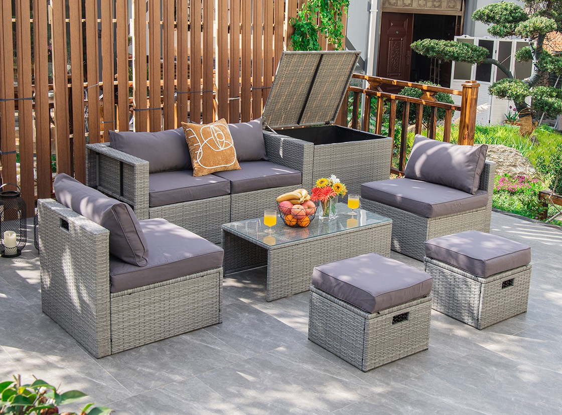 8-Piece Outdoor Patio Furniture Set Space-Saving Conversation Set w/ Storage Box
