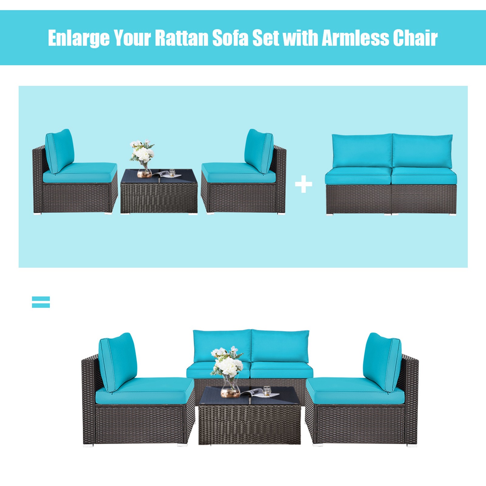 2PCS Patio Wicker Rattan Sectional Armless Chair Sofa w/ Turquoise Cushion