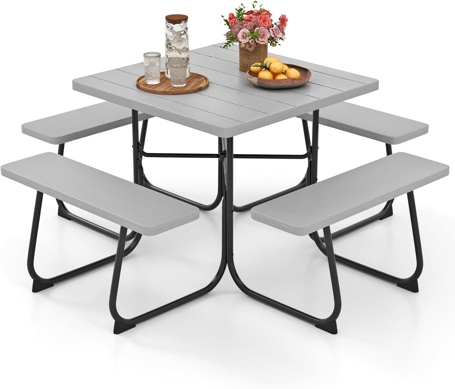 4-8 Person Square Picnic Table Bench Set with Umbrella Hole, Outdoor Camping Ta