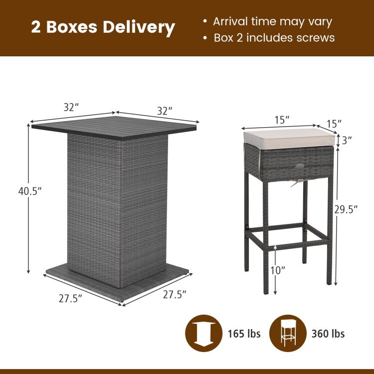 5 Pcs Outdoor Wicker Bar Table Set w/ Hidden Storage Shelf 4 Cushioned Bar Stool