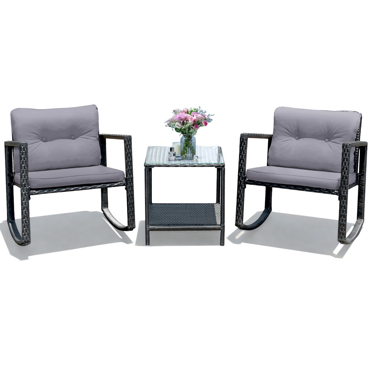 Costway 3PCS Patio Rattan Furniture Set Rocking Chairs Cushioned Sofa Gray