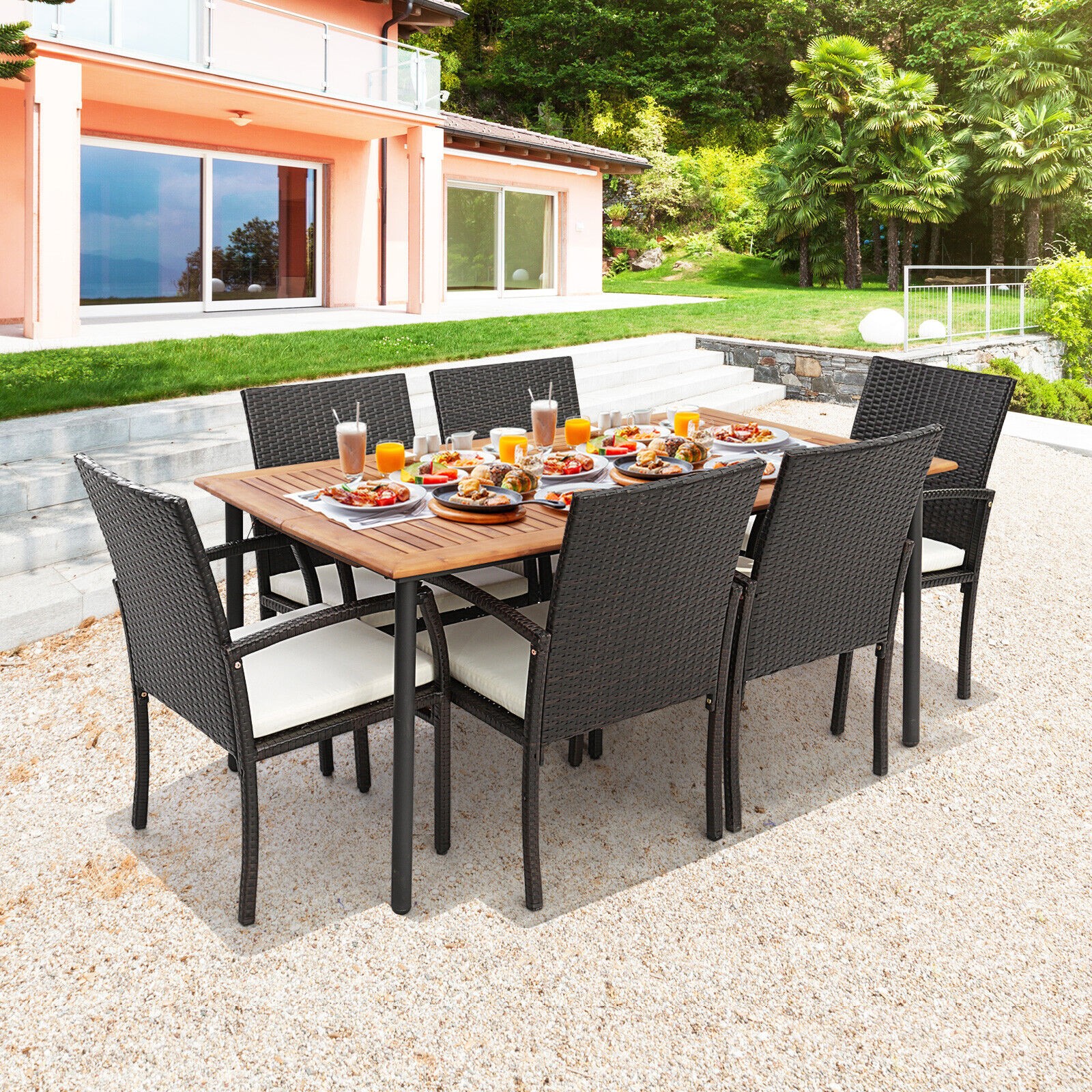 7Pcs Patio Wicker Cushioned Dining Set Table Chairs Umbrella Hole