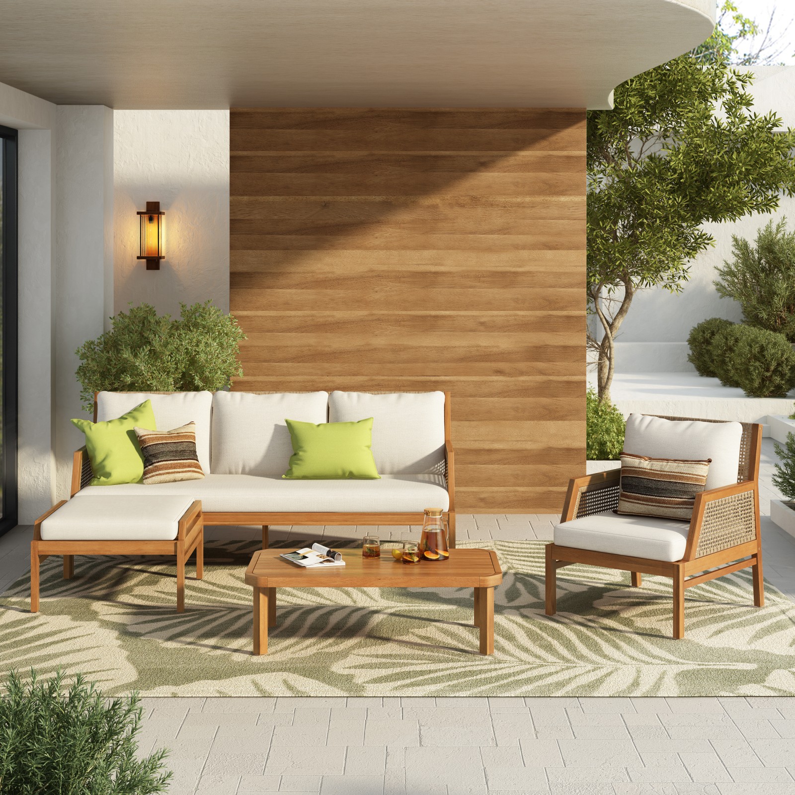 Acacia Wood 5-Piece Patio Sofa Set with Cushions & Coffee Table