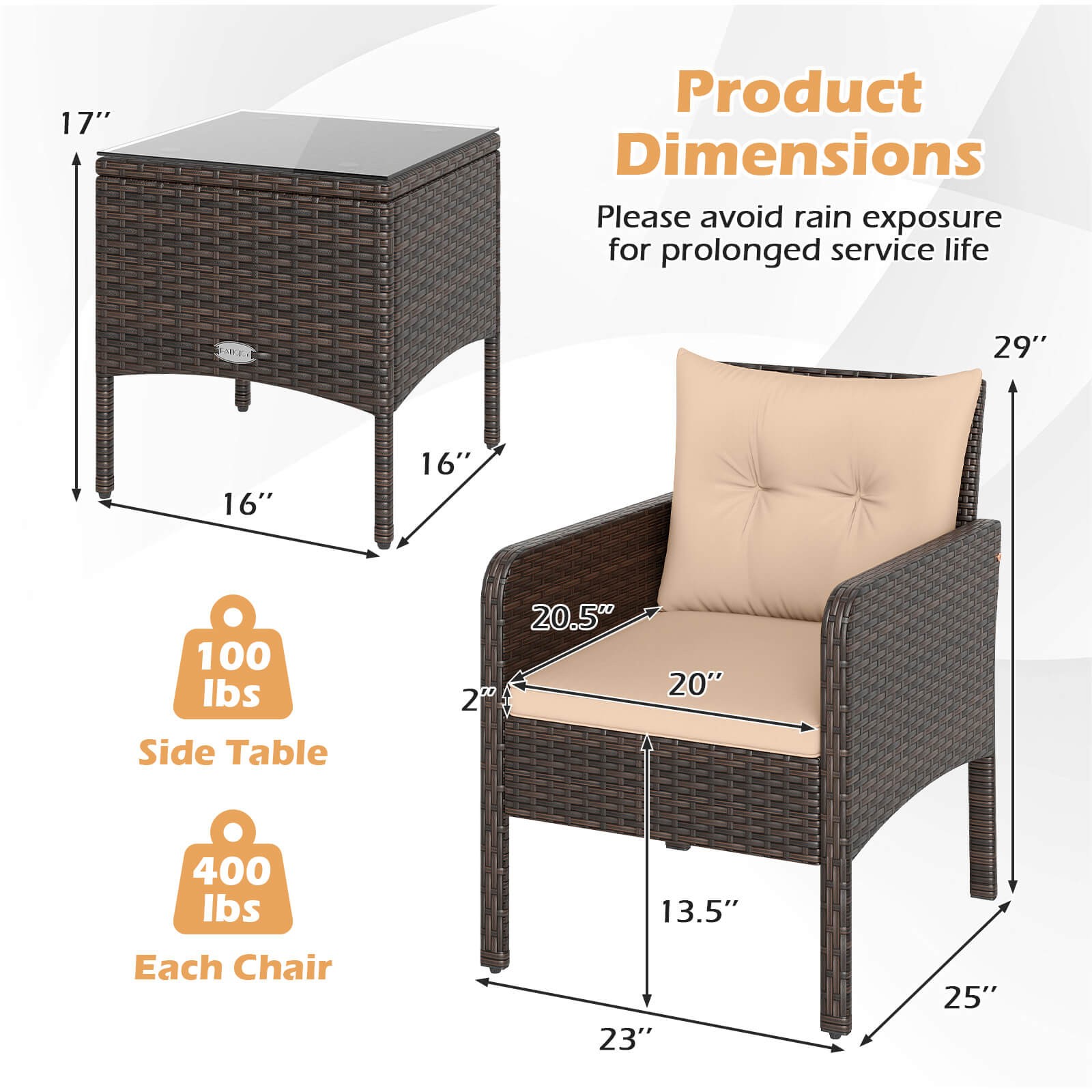 3 PCS Patio PE Wicker Furniture Set w/Cushions and Tempered Glass Coffee Table