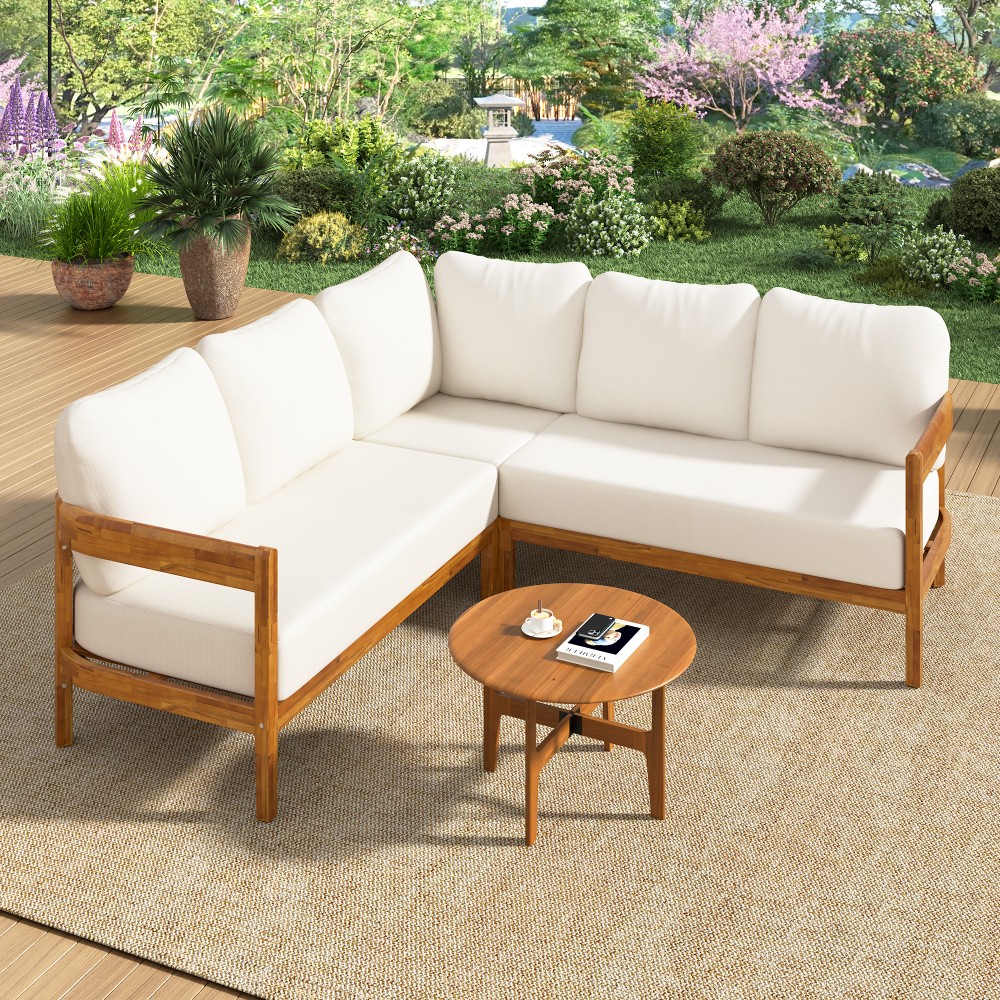 White Outdoor L-Shaped Patio Sofa Set with Cushions