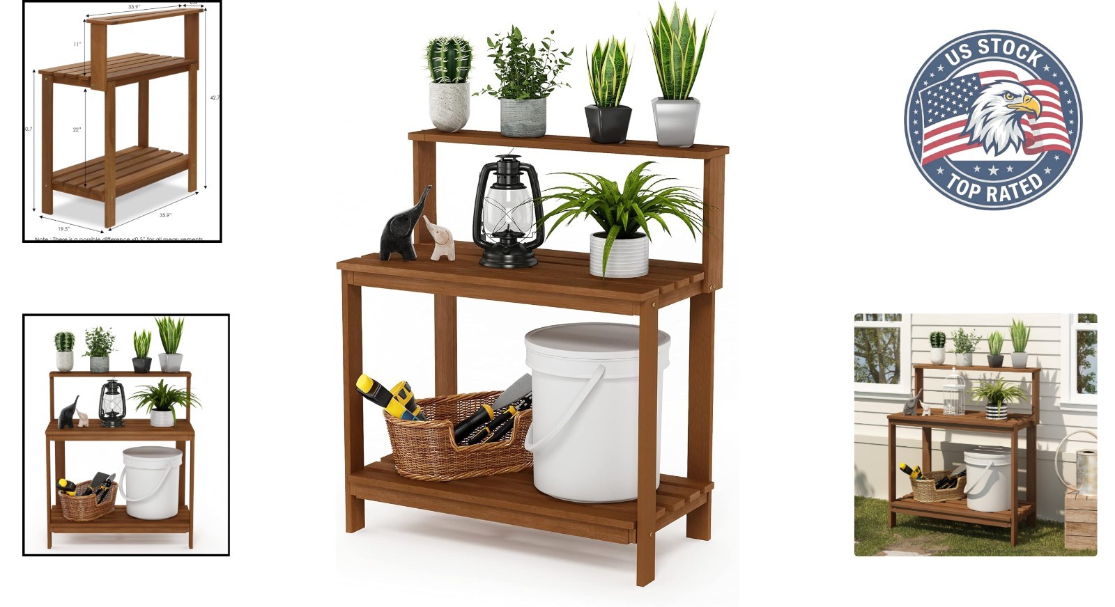 Tioman Outdoor Potting Bench: Weather-Resistant Hardwood Garden Stand – 3-Tier