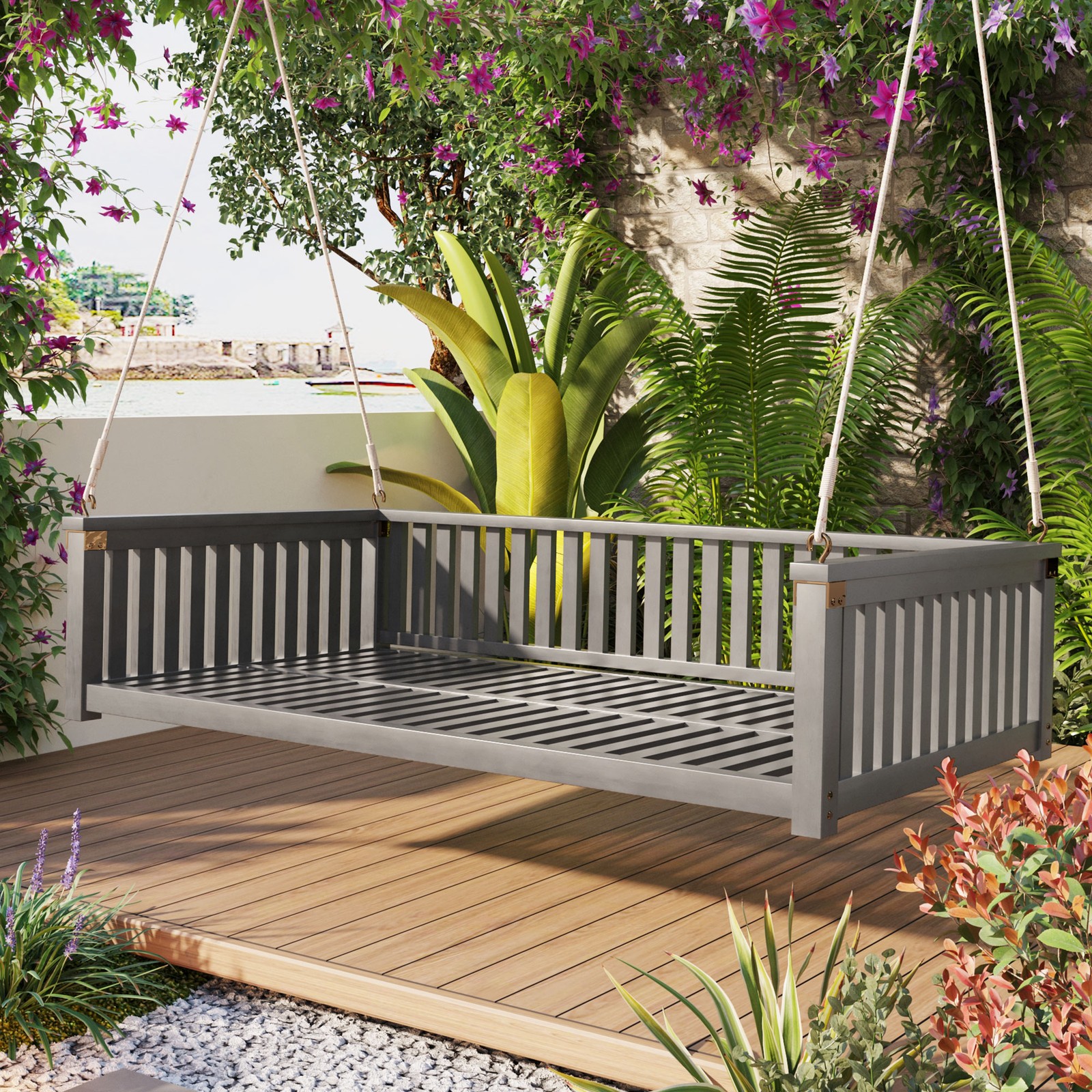 Patio Minimalist Twin Size Garden Swing Bed Wood Porch Swing with Ropes