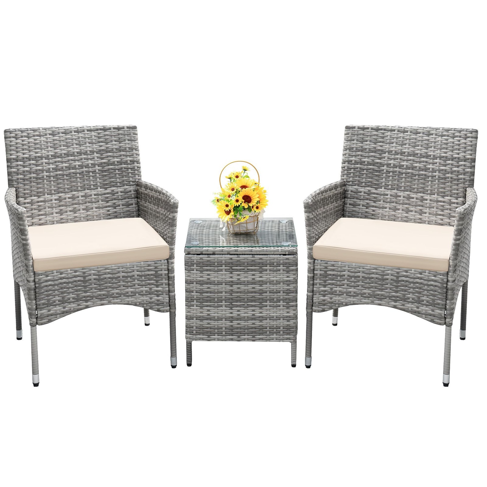Devoko 3 Piece Patio Furniture Set PE Rattan Wicker Chairs Table Light Grey