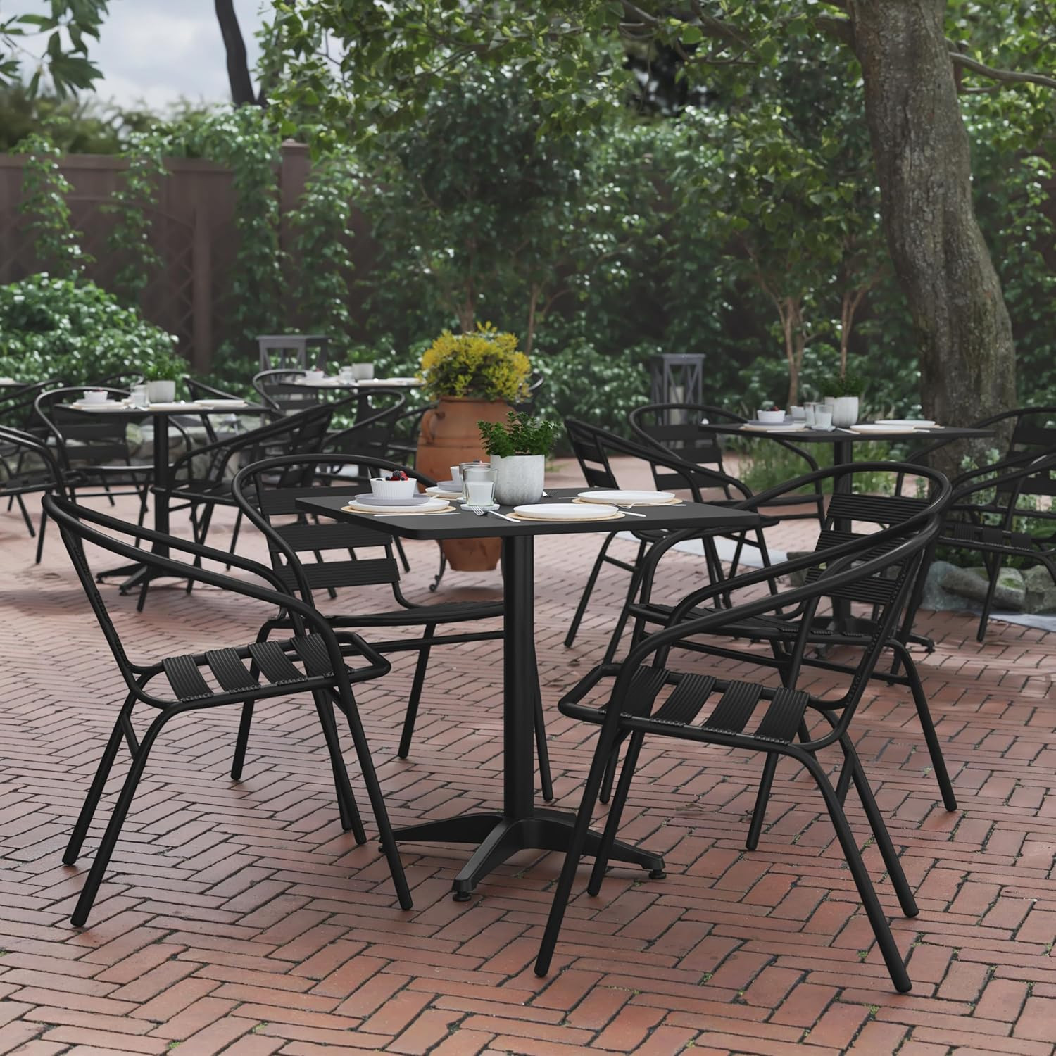 Lila 27.5” Square Aluminum Table Set with 4 Black Slat Back Chairs