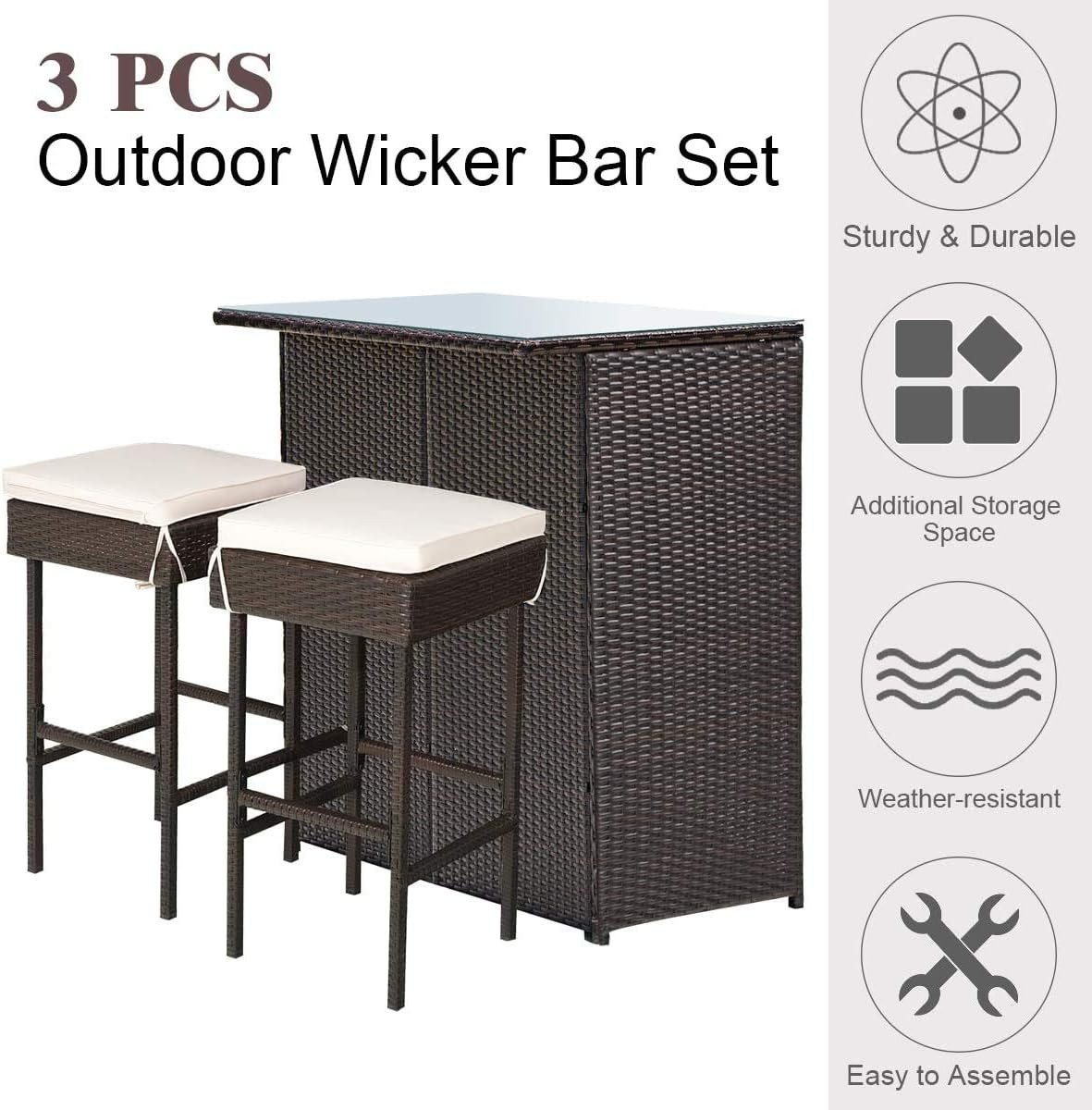 HAPPYGRILL 3-Piece Patio Bar Set Rattan Wicker Bar Stools & Table with Cushions,