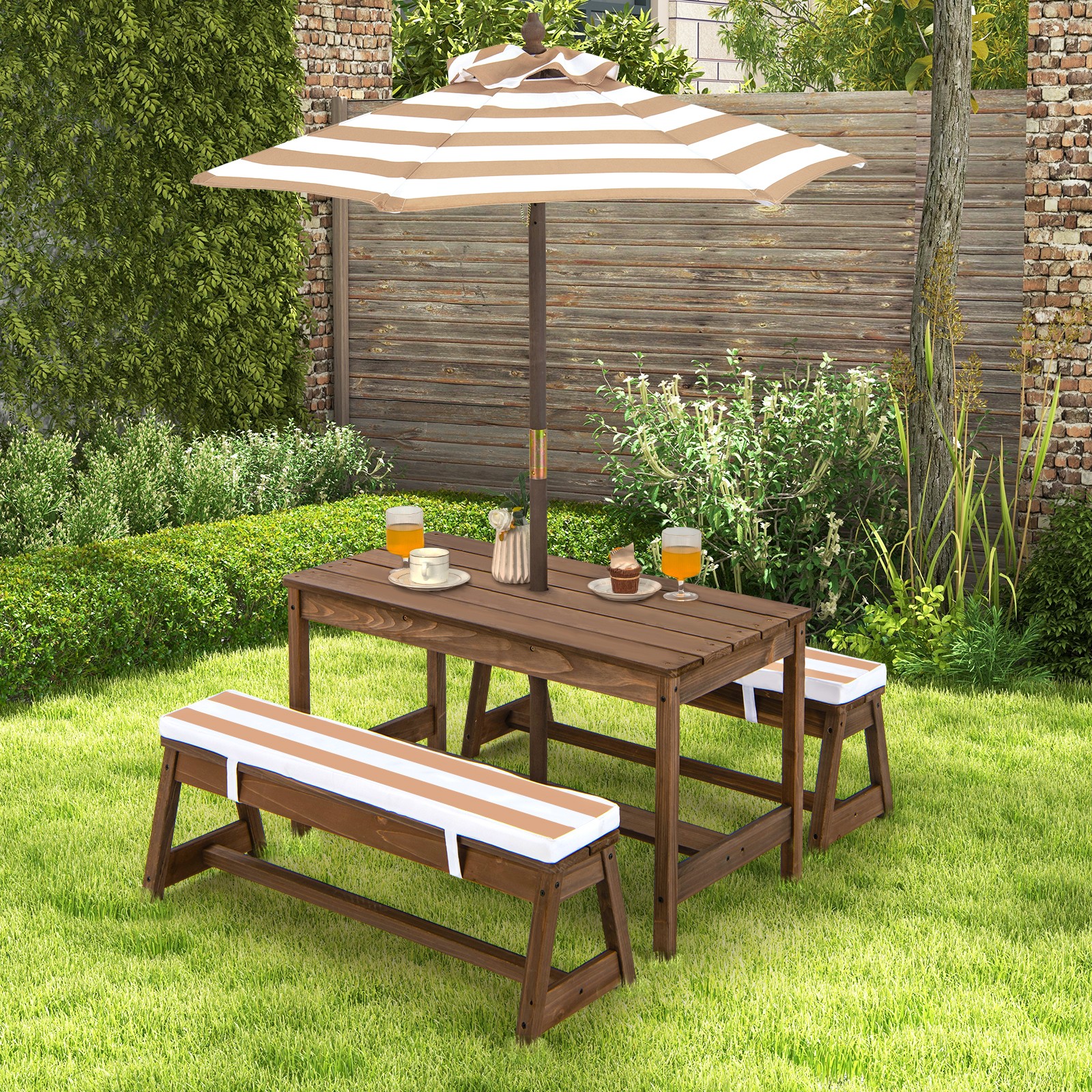 Indoor Outdoor Kids Wood Picnic Table and Bench Set w/ Cushions Umbrella
