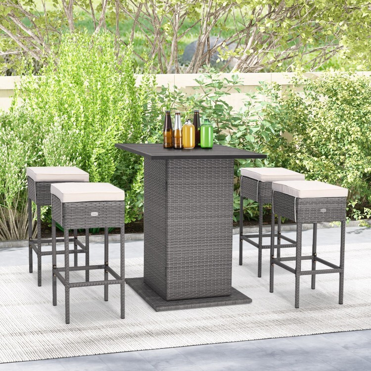 5 Pcs Outdoor Wicker Bar Table Set w/ Hidden Storage Shelf 4 Cushioned Bar Stool