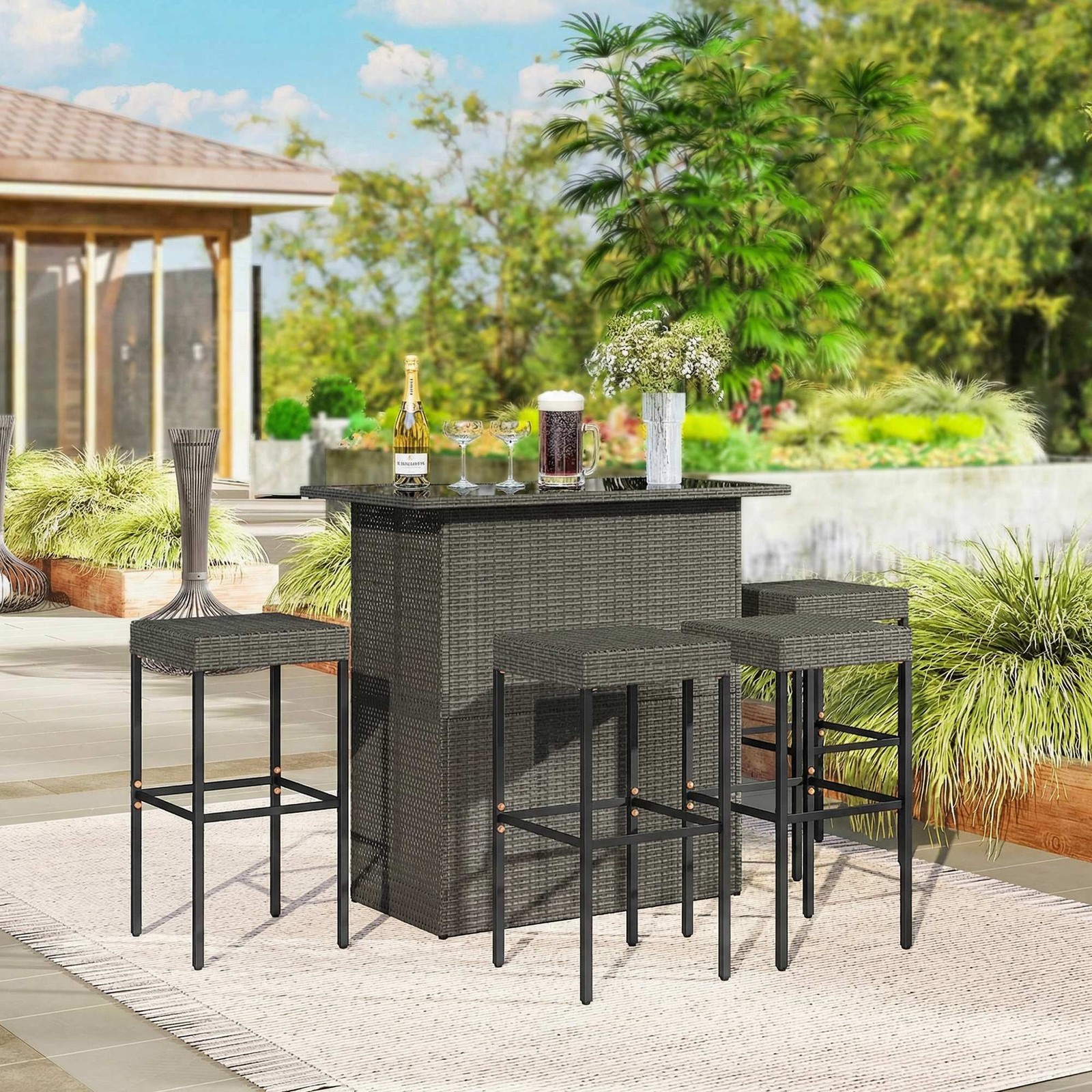 Outsunny Wicker Outdoor Bar Set, High Top Outdoor Table and Chairs, Gray