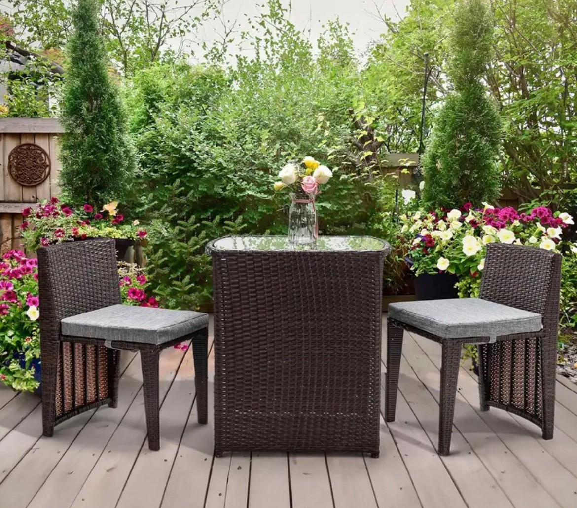 Weather-Resistant Wicker 3-Piece Brown Bistro Set with Gray Cushions