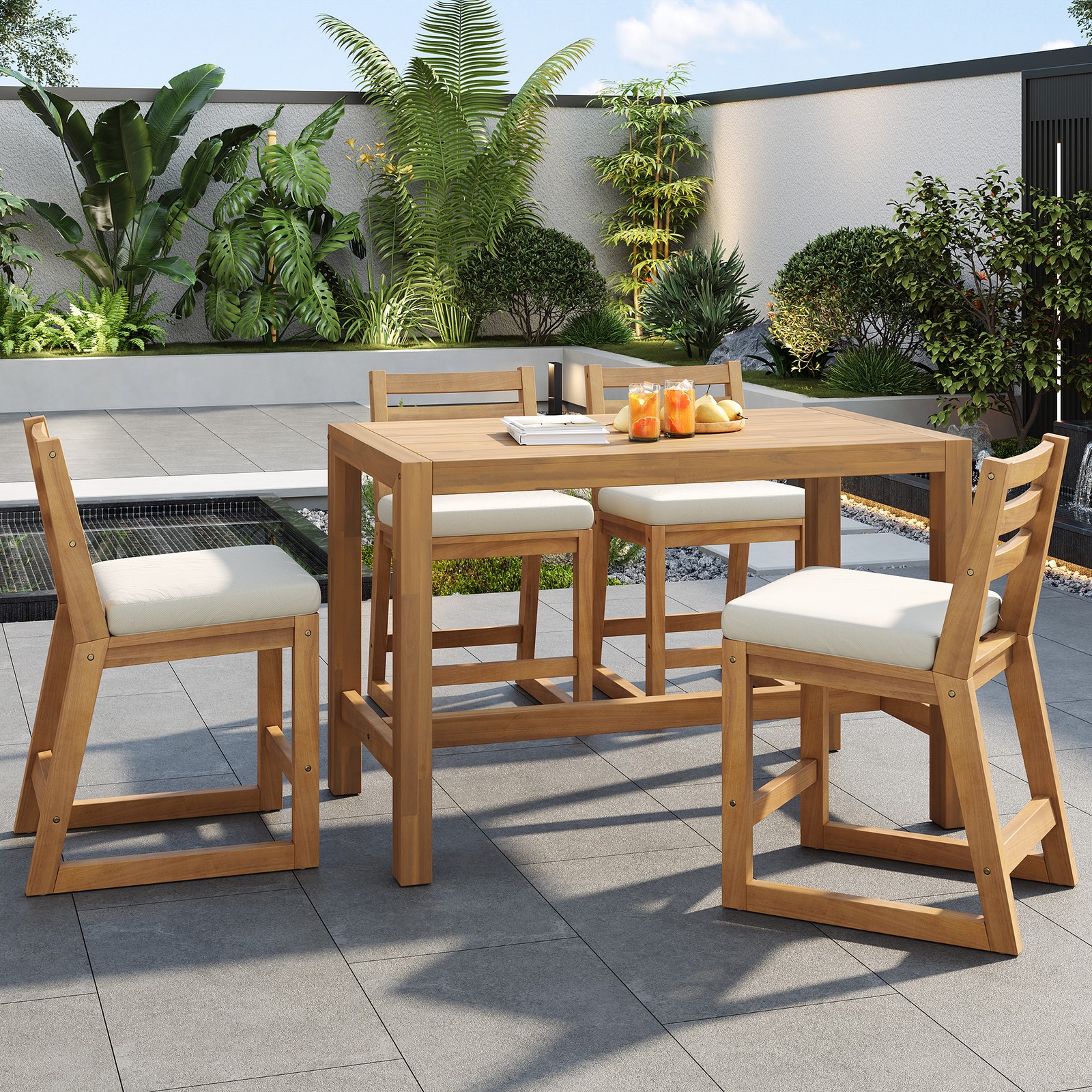 5-Piece Acacia Wood Patio Bar Set w/ Beige Cushion, Light Teak Finish