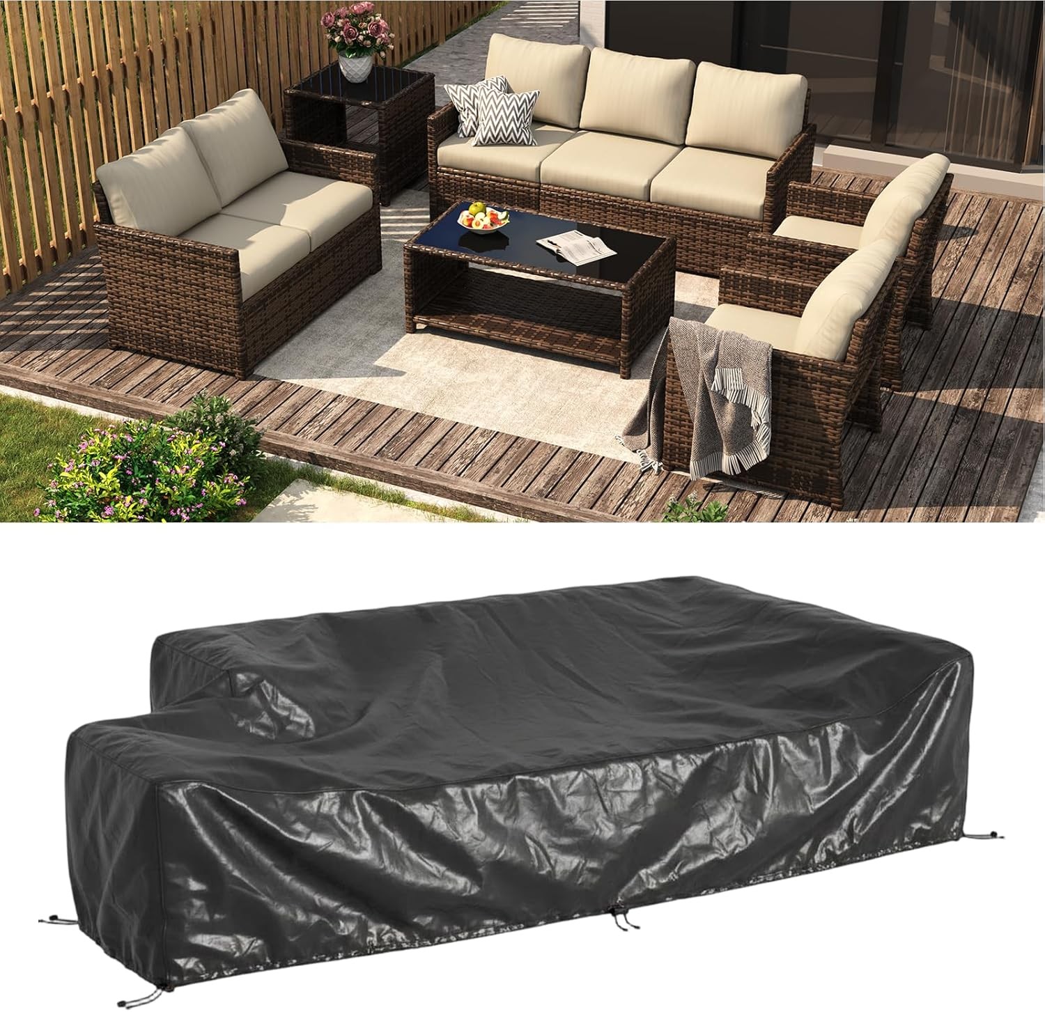 7 Piece Outdoor Patio Set Wicker Conversation Furniture with Two Tables Garden