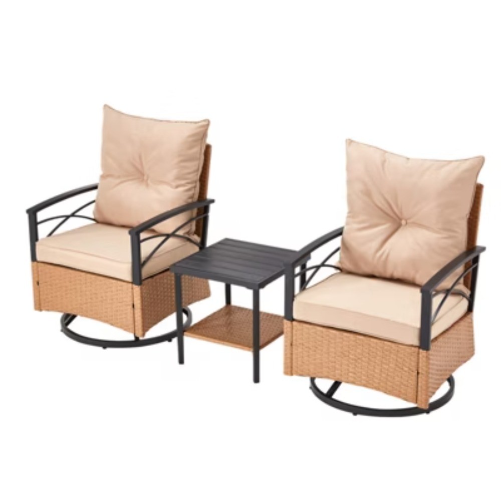 HOMMOW 3-Piece Patio Swivel Rocker Set: 2 Rattan Chairs & 1 Coffee Table