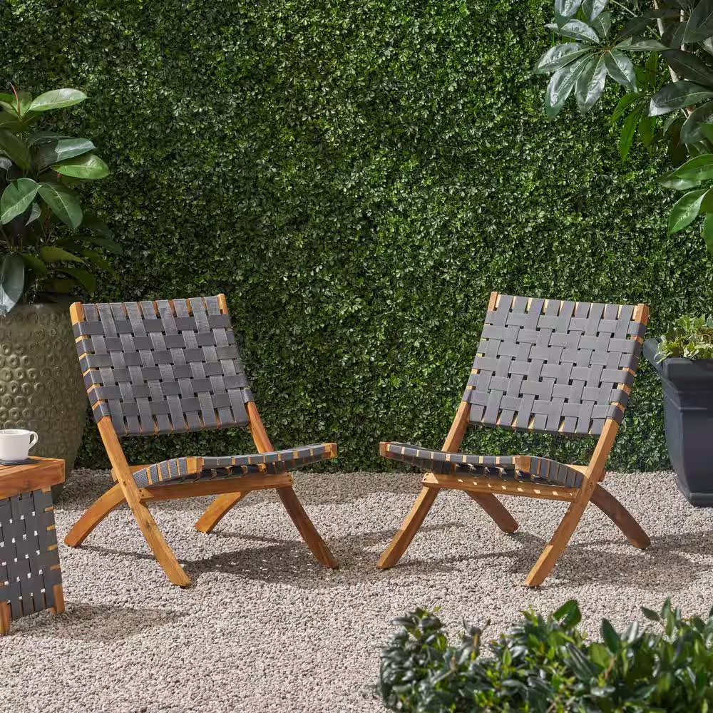 Modern Foldable Black and Brown Solid Acacia Wood Outdoor Dining Chair with Hand