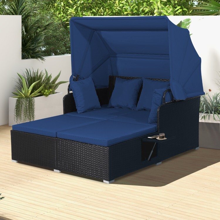 Patio Rattan Daybed Lounge Canopy Navy Cushions Outdoor Furniture W/ Side Tables