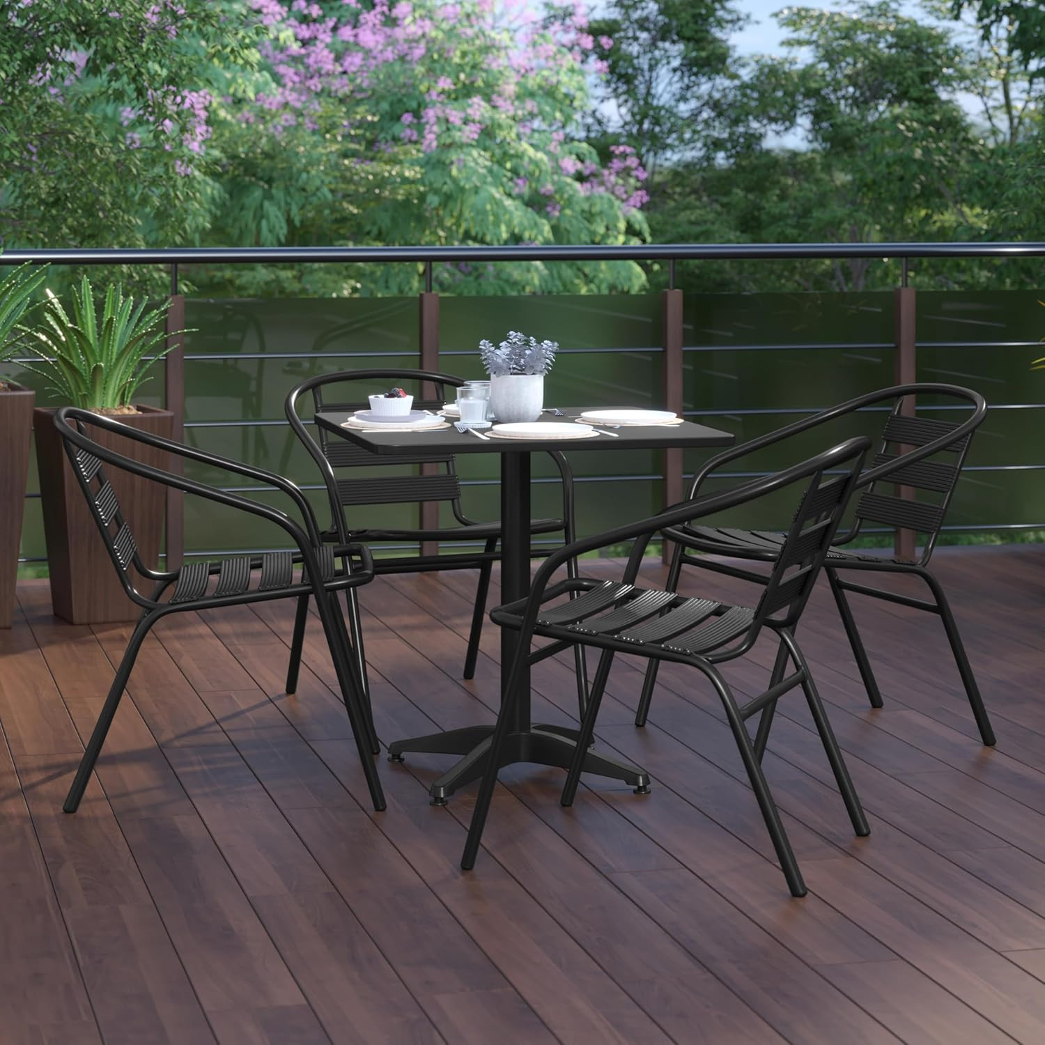 Lila 27.5” Square Aluminum Table Set with 4 Black Slat Back Chairs