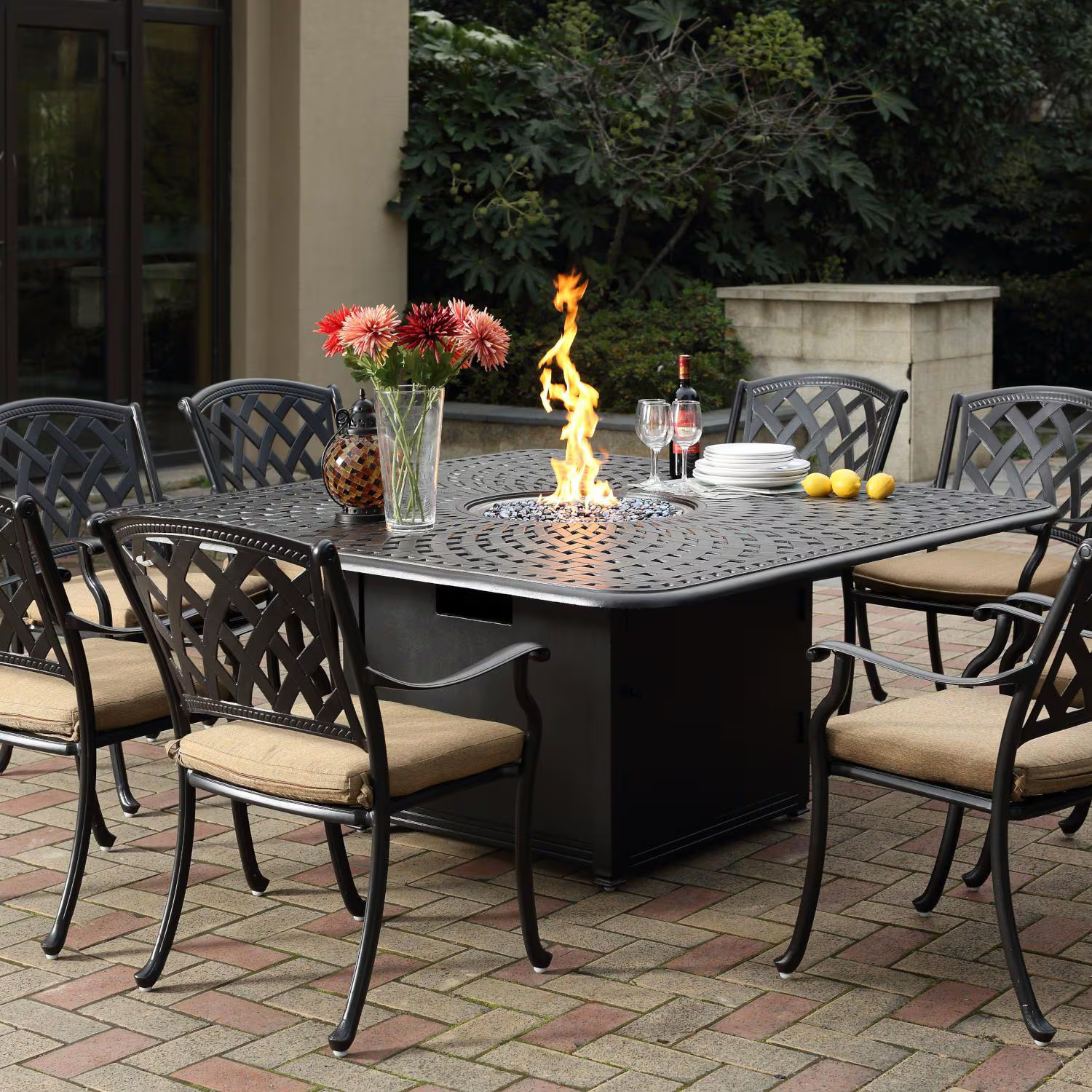 Ocean View 9 Pc Cast Aluminum Fire Pit Dining Set 64 Inch Square Signature