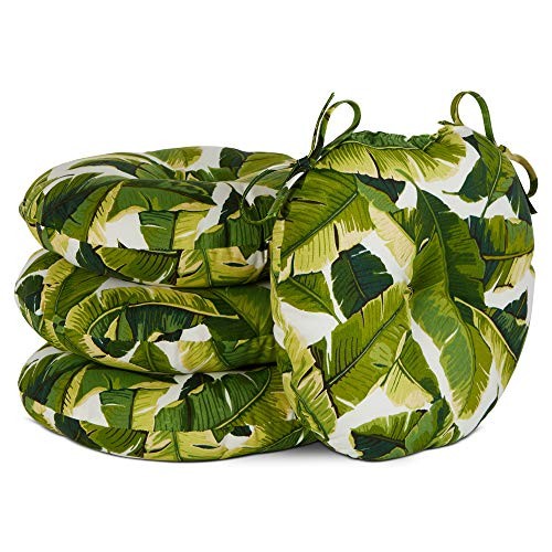 15-inch Round Bistro Chair Cushion, Set of 4 Palm Leaves White