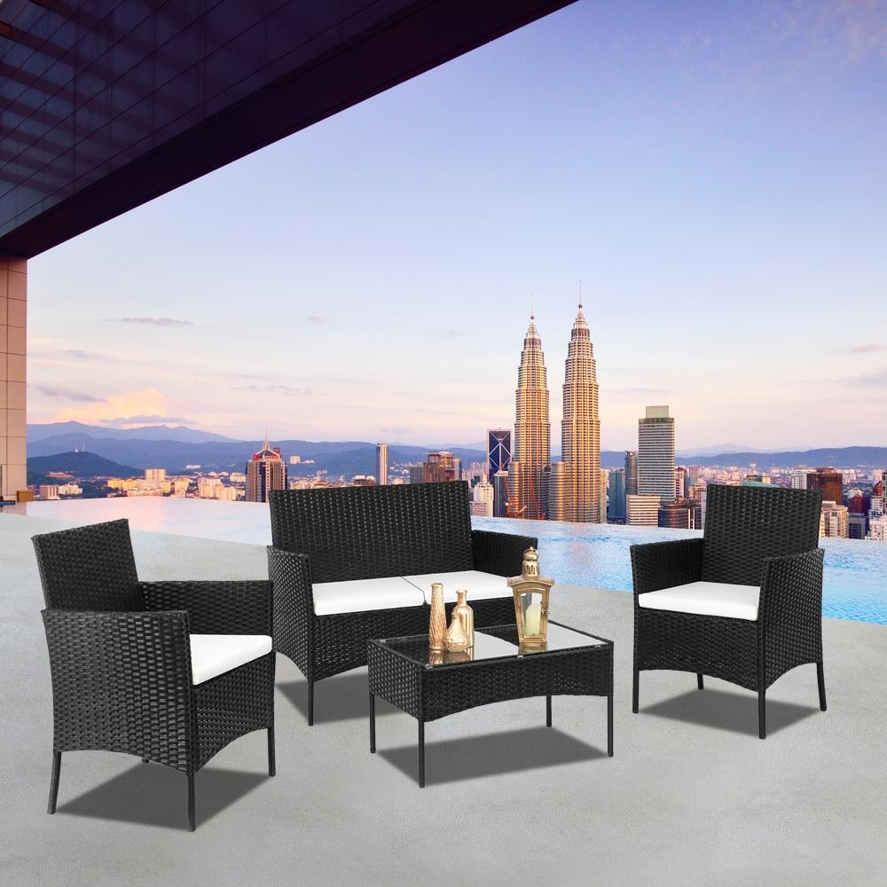 4PCS Outdoor Patio Rattan Black Wicker Table Sofa Furniture Set +/w Cushions