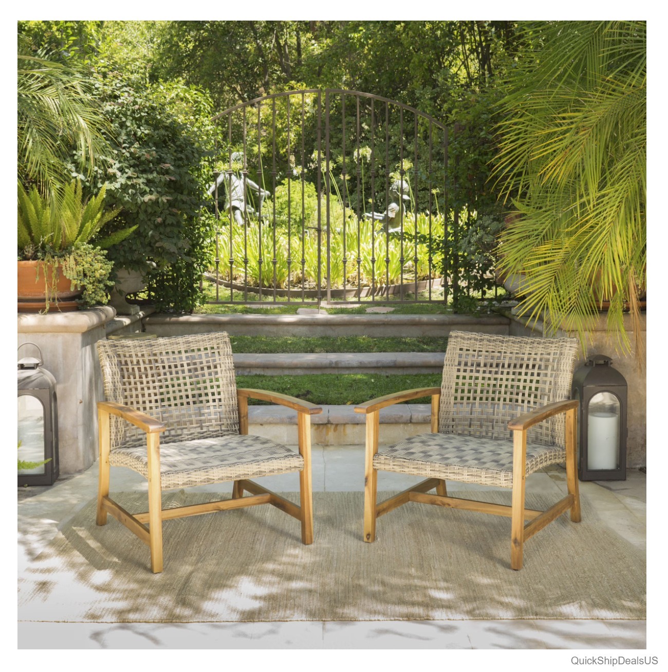 Outdoor Club Chairs Set of 2 Grey Wicker Acacia Wood Frame Iron Patio Seating