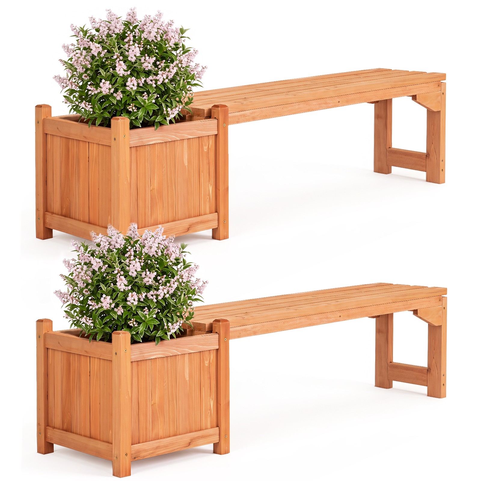 2PCS Outdoor Bench w/Raised Garden Bed, Fir Wood Planter Box w/Spacious Seat
