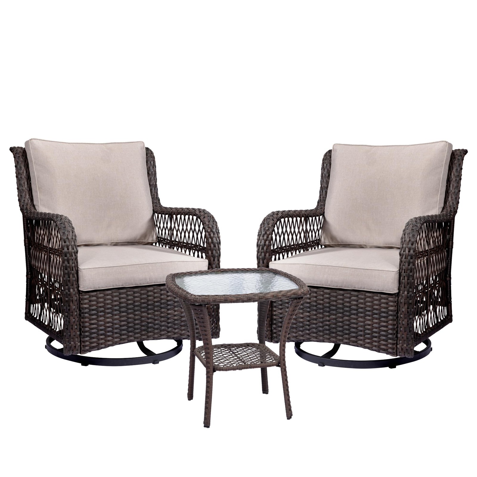 3-Piece Outdoor Wicker Patio Bistro Set ,Swivel Rocking Chair ,Garden Furniture