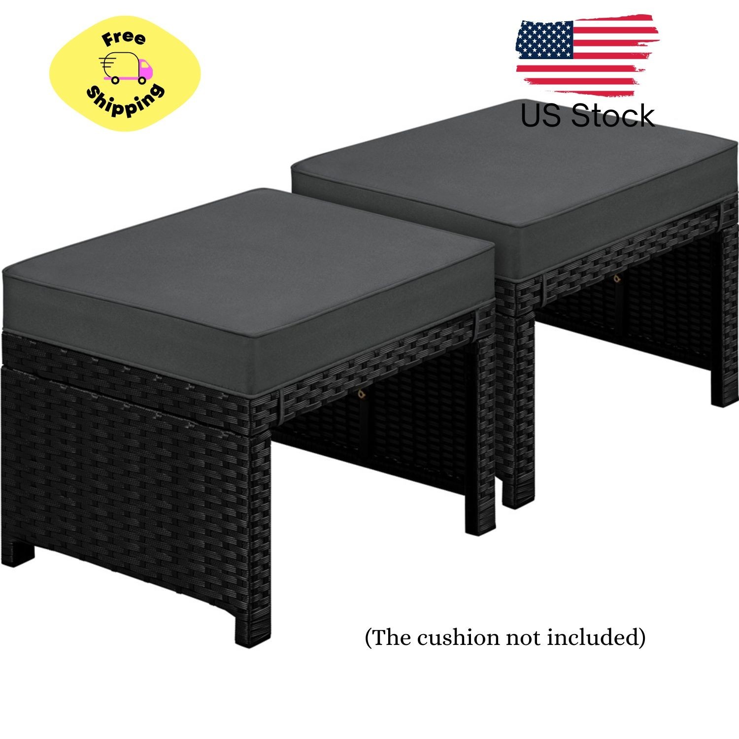 2PCS Wicker Ottomans with Removable Cushion for Patio, Black/Gray