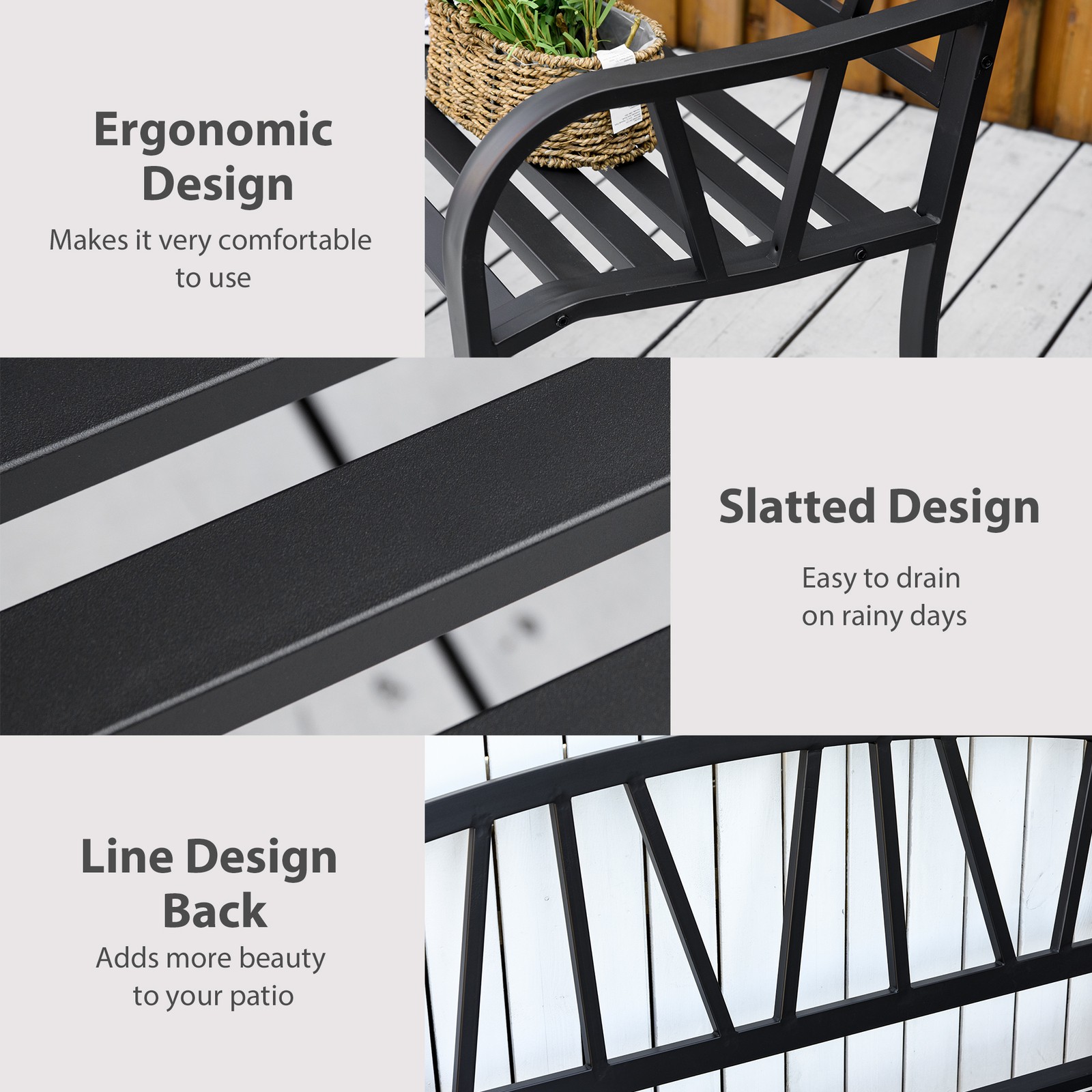 50″ Metal Garden Bench, Black Outdoor Bench for 2 People