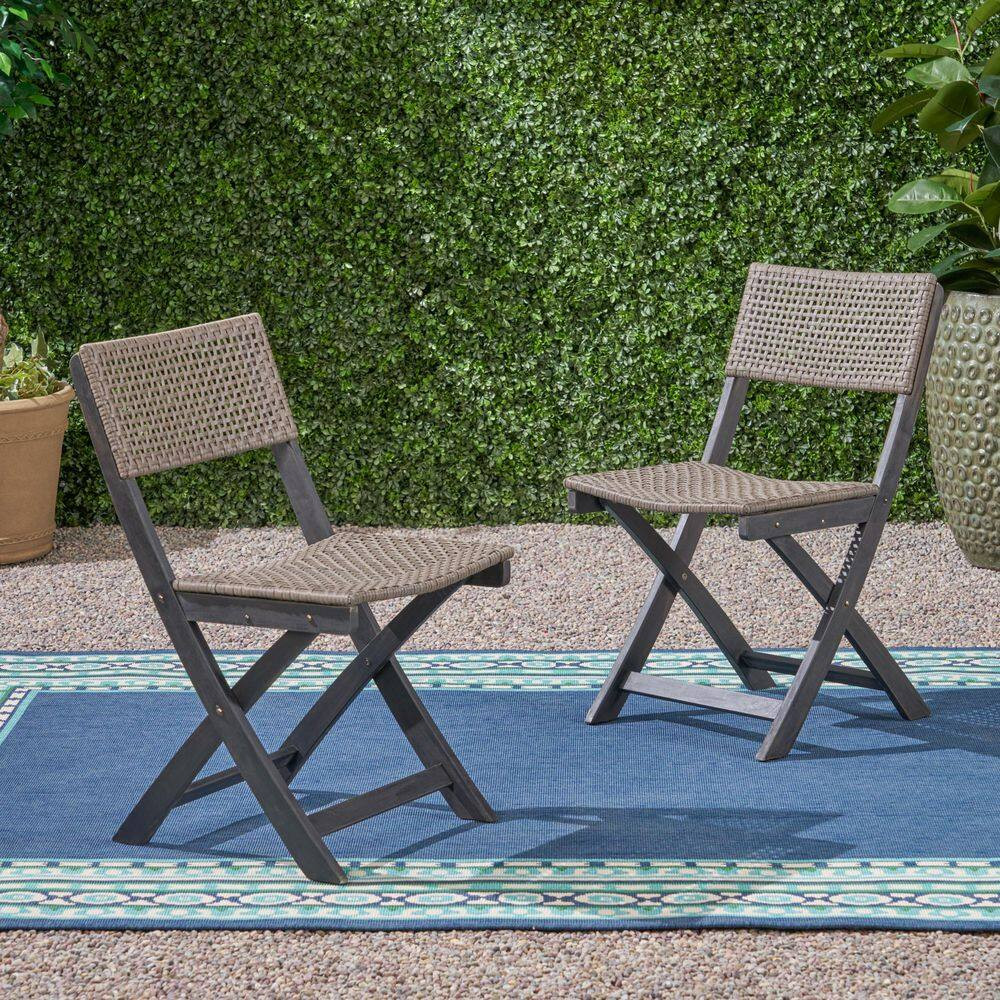 Set of 2 Outdoor Acacia Foldable Wicker Chairs, Grey + Brown, for Restaurants, P
